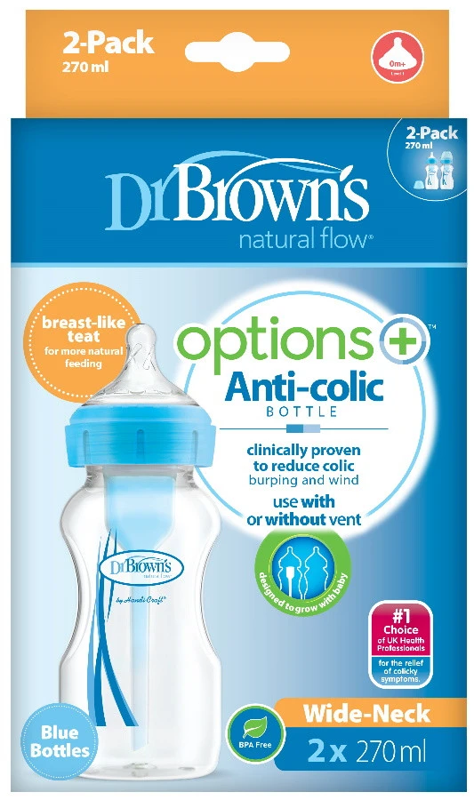 Dr. Brown's Dr Brown's Options+ Anti-colic 270 Ml Blauw 2-pack Brede Hals Fles WB92602-GBX + 4 Dr. Brown's Dr Brown's Options+ Anti-colic 270 Ml Blauw 2-pack Brede Hals Fles WB92602-GBX + - Afbeelding 2
