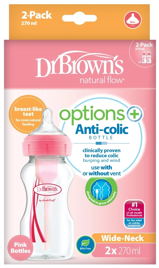 Dr. Brown's Dr Brown's Options+ Anti-colic 270 Ml Roze 2-pack Brede Hals Fles WB92601-GBX + - Afbeelding 2